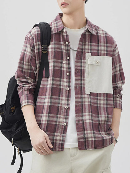 Men's Plus Size Plaid Button Down Shirt with Contrast Pocket - Farnelli