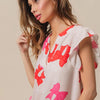 BiBi Bow Printed Woven Ruffled Sleeves V Neck Top - IVO/RED/FUCHSIA