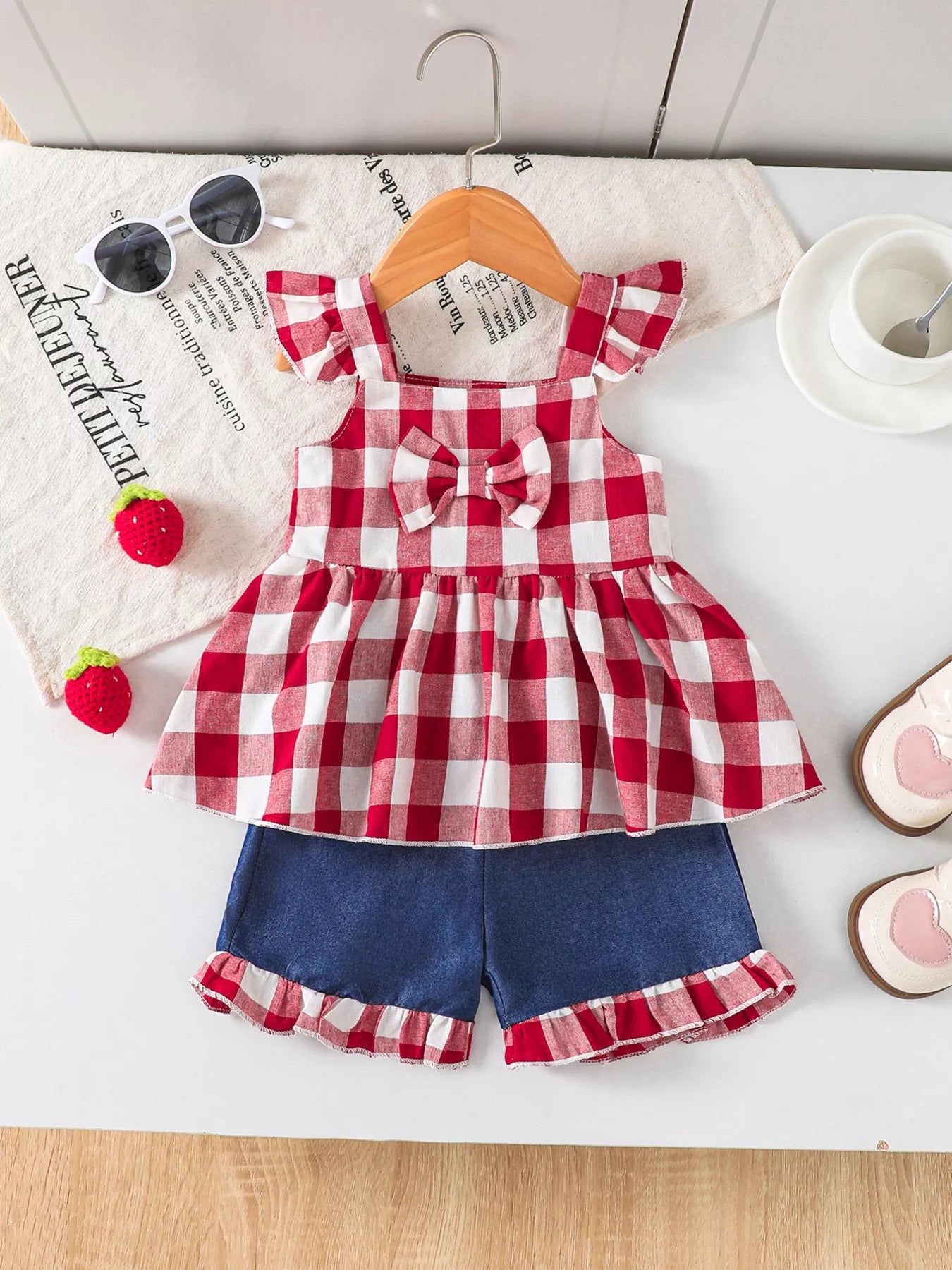 Children's Gingham Bowknot Ruffle Trim Top and Shorts Set - Farnelli
