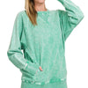 Zenana Halo Snow Washed French Terry Round Neck Sweatshirt - K GREEN