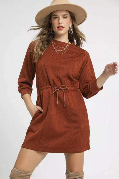 Umgee Drawstring Cable Knit Mini Dress with Pockets - Farnelli