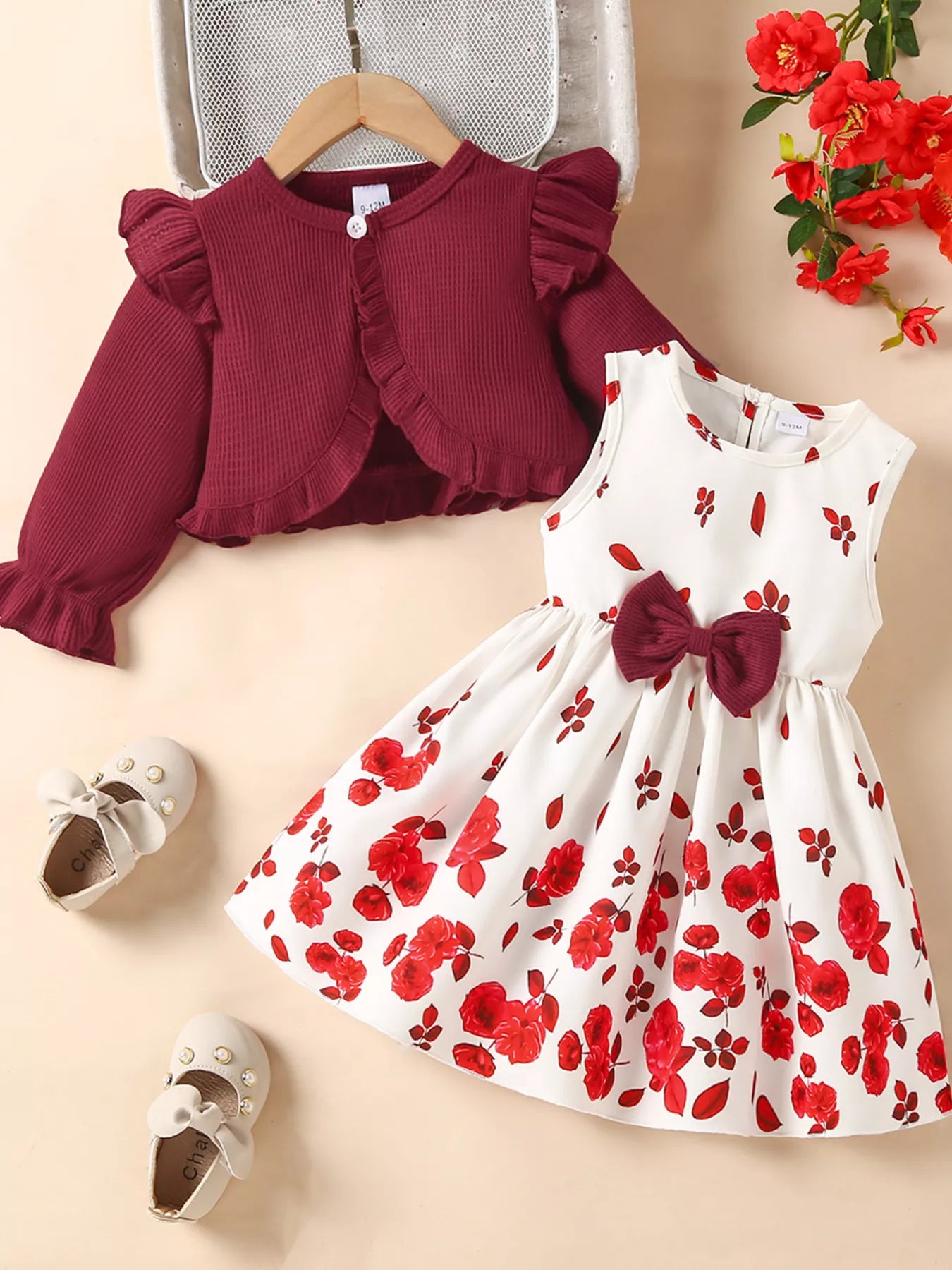 Children's Bow Dress & Ruffle Trim Cardigan Set - Farnelli