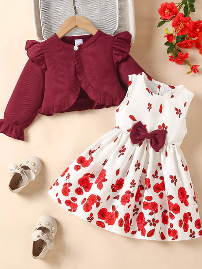 Children's Bow Dress & Ruffle Trim Cardigan Set - Farnelli
