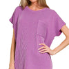 Zenana Raised Rib Front Pocket Boxy Top - LT PLUM