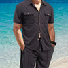 Men's Full Size Button Down Short Sleeve Top and Shorts Set Plus Size - Black