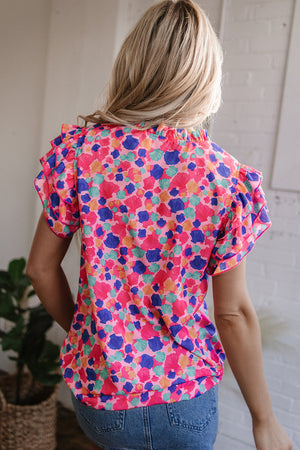 Arlet Abstract Ruffled Sleeve V Neck Blouse - Farnelli