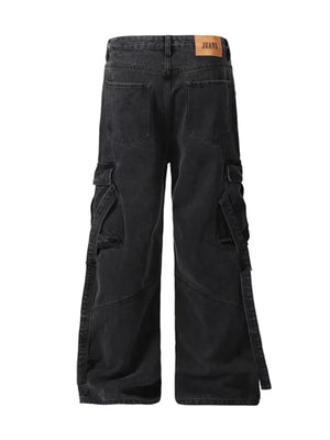 Men's Cargo Wide Leg Jeans with Multiple Pockets - Farnelli