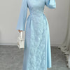 Lace Up Square Neck Long Sleeve Maxi Dress - Pastel  Blue