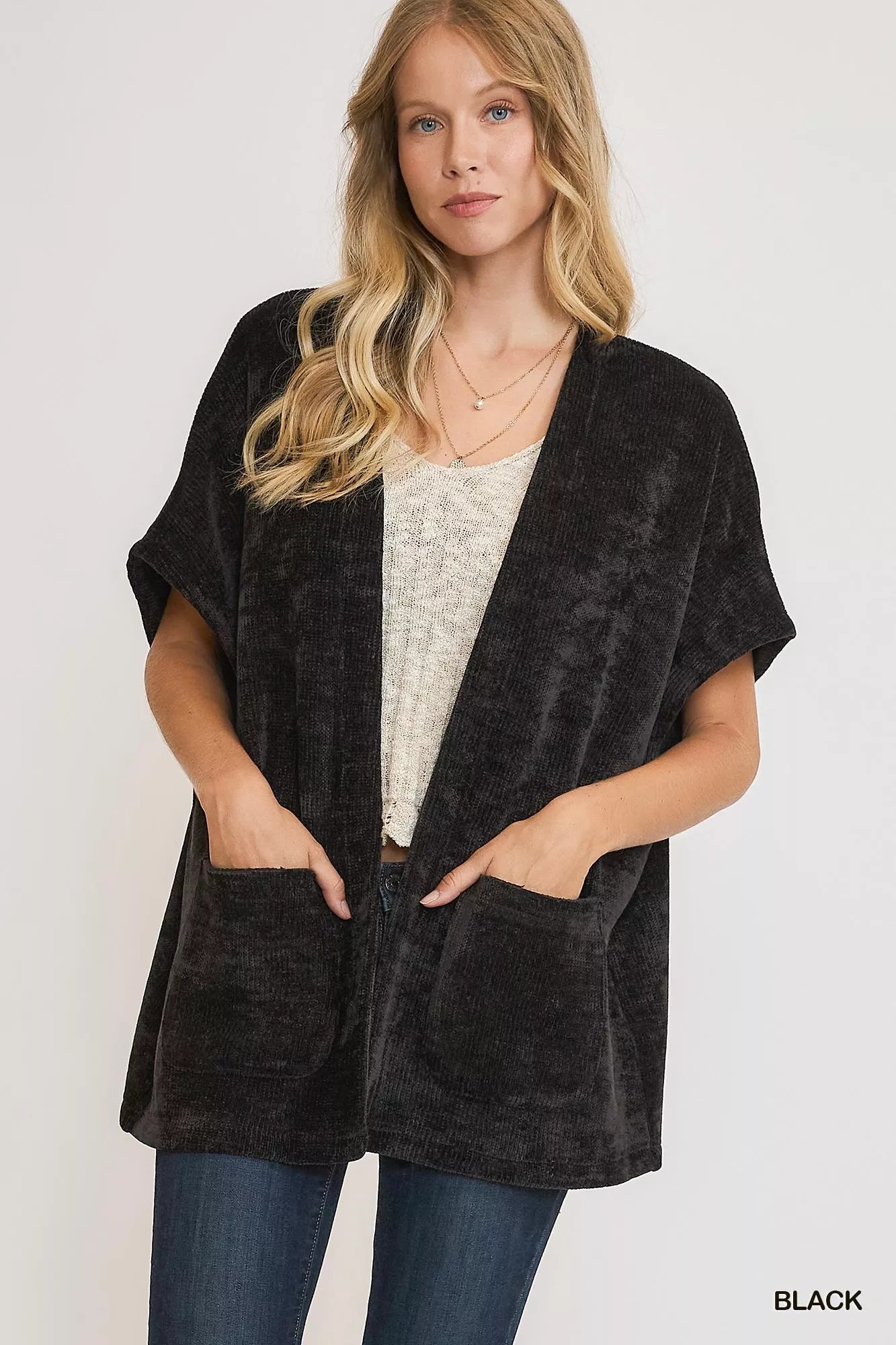 Umgee Open Front Knit Cardigan with Front Pockets - Farnelli