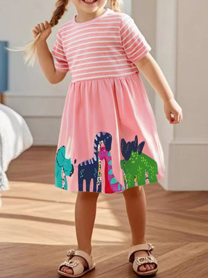 Children's Dinosaur Striped Casual Dress - Farnelli