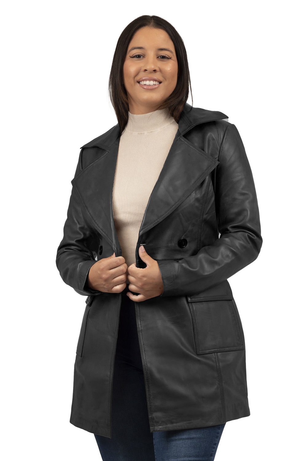 Whet Blu NYC Emma women's lambskin leather trench coat, front view
