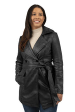 Whet Blu NYC Emma women's lambskin leather trench coat, long black jacket with classic lapels