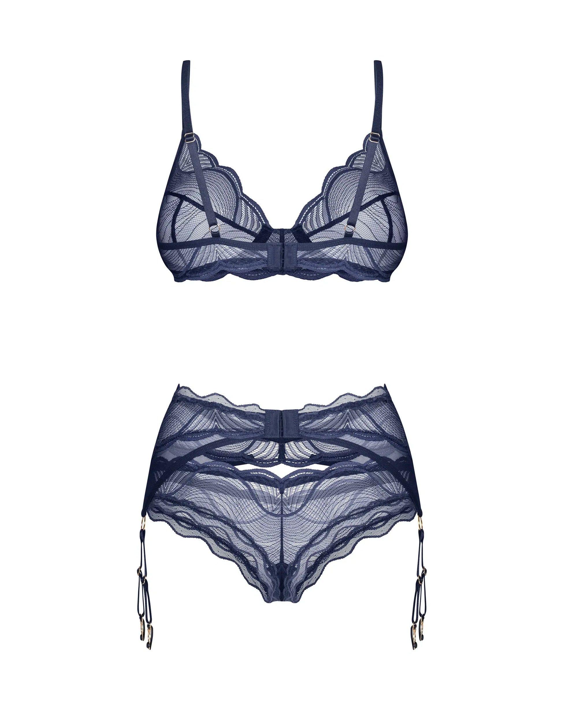 Obsessive Nightly Blue Sheer Bra Thong Garter Belt Set-3