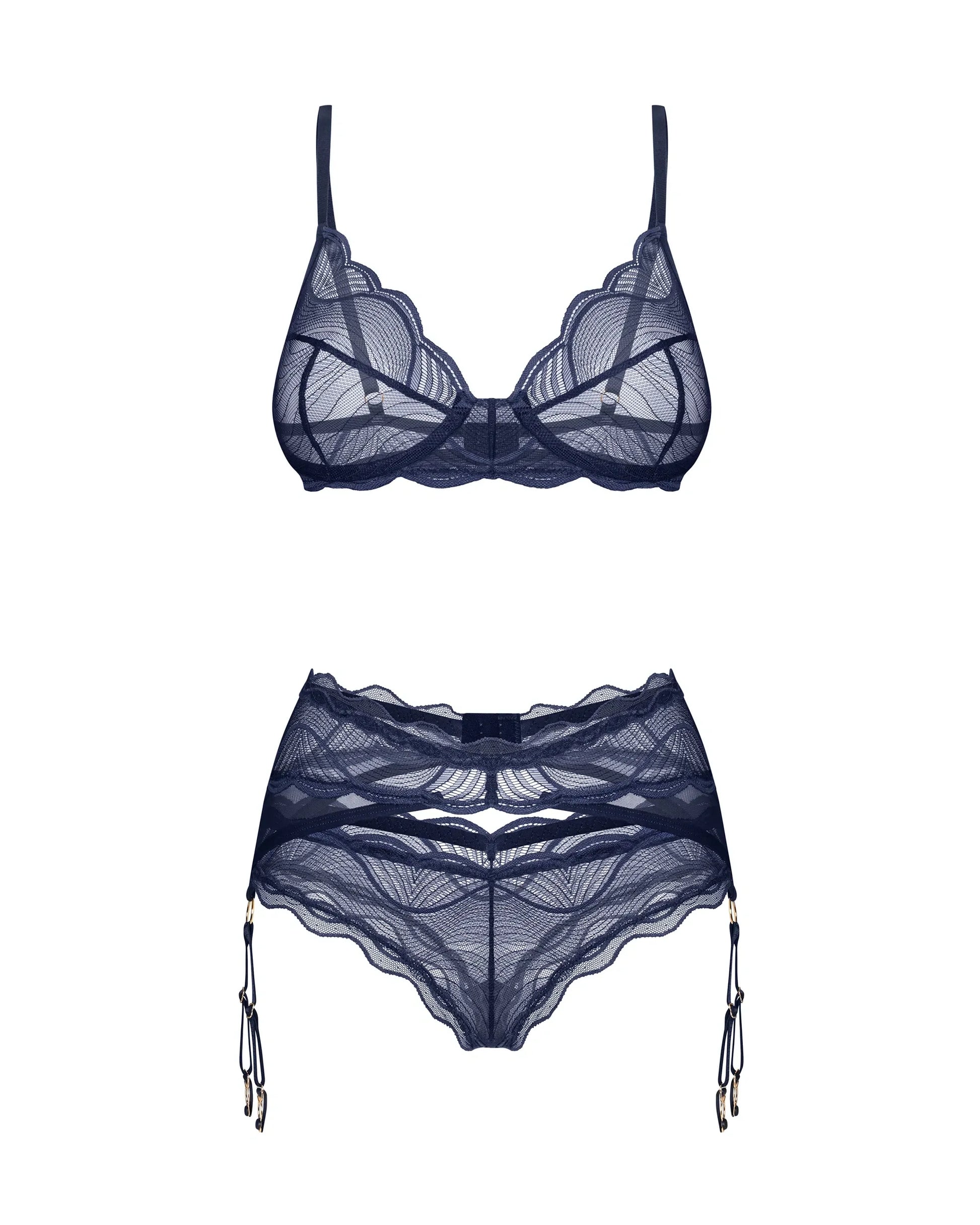 Obsessive Nightly Blue Sheer Bra Thong Garter Belt Set-4