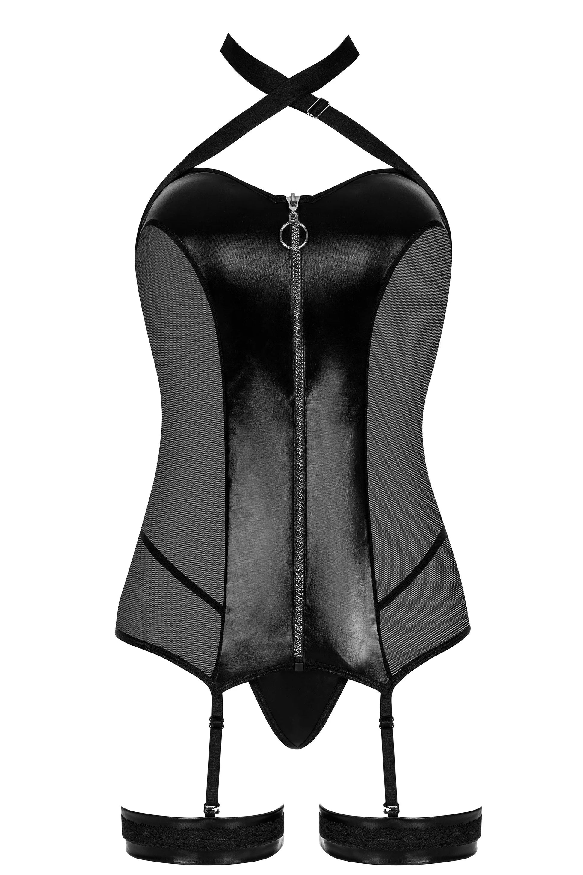 Beauty Night Elegant Zip-Front Wetlook & Mesh Garter Corset Lingerie Set-3