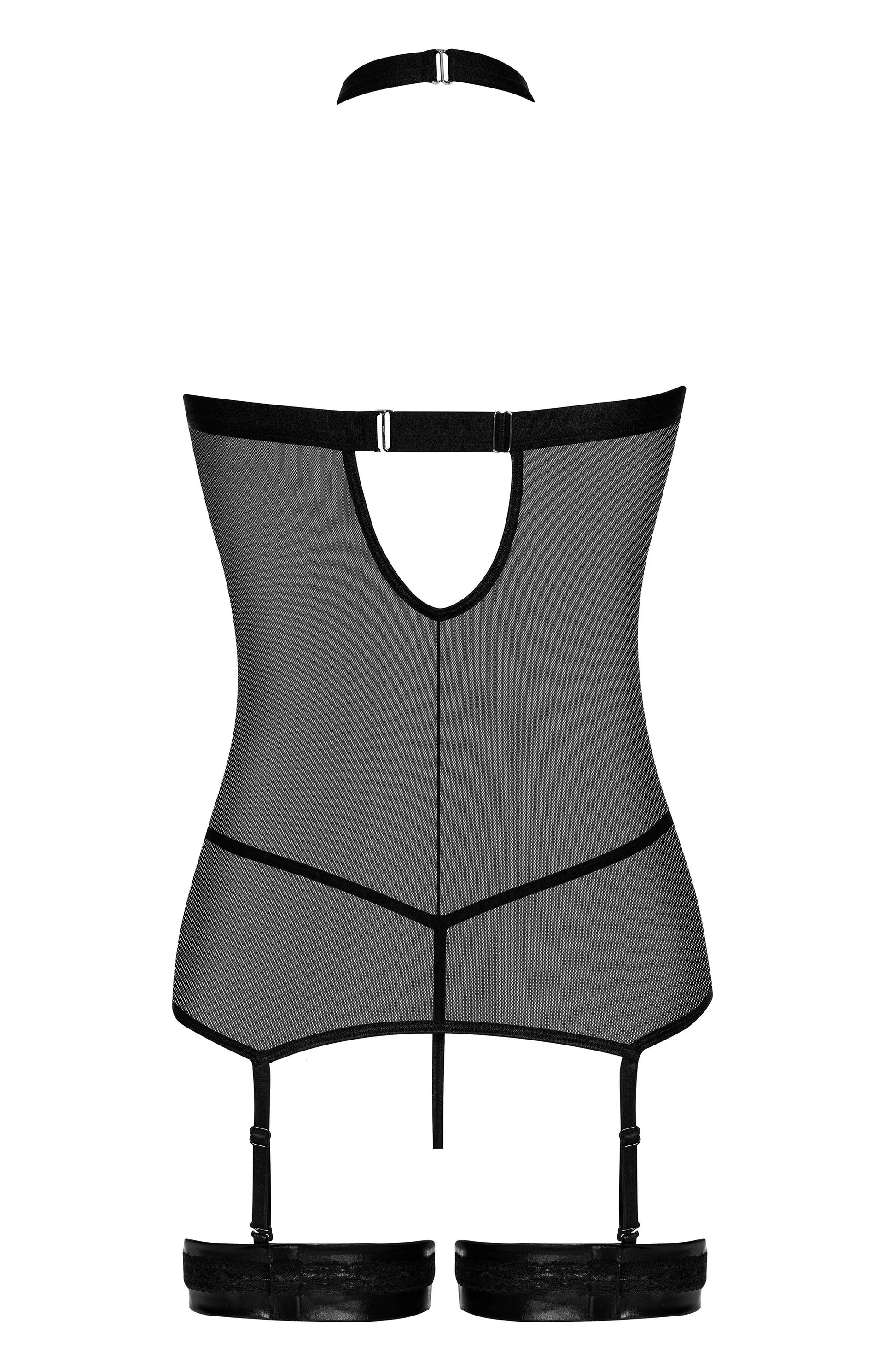 Beauty Night Elegant Zip-Front Wetlook & Mesh Garter Corset Lingerie Set-4