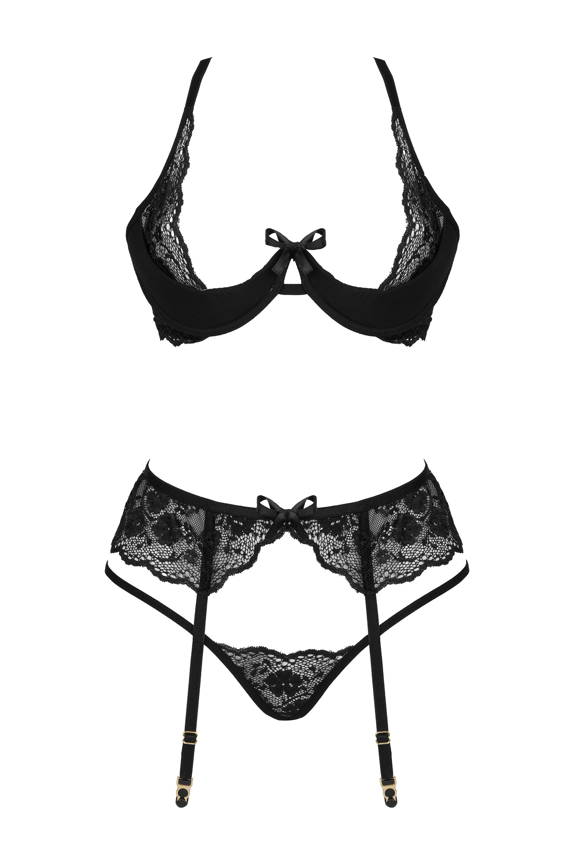 Beauty Night Rose Black Sheer Lace Plunge Bra Garter Belt & Sexy G-String-4