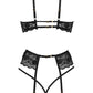 Beauty Night Rose Black Sheer Lace Plunge Bra Garter Belt & Sexy G-String