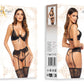 Beauty Night Rose Black Sheer Lace Plunge Bra Garter Belt & Sexy G-String