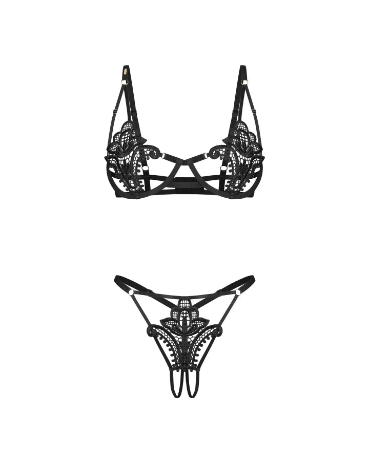 Obsessive Luise Sublim Black Lace Cut-Out Bra & Crotchless Thong Set-4