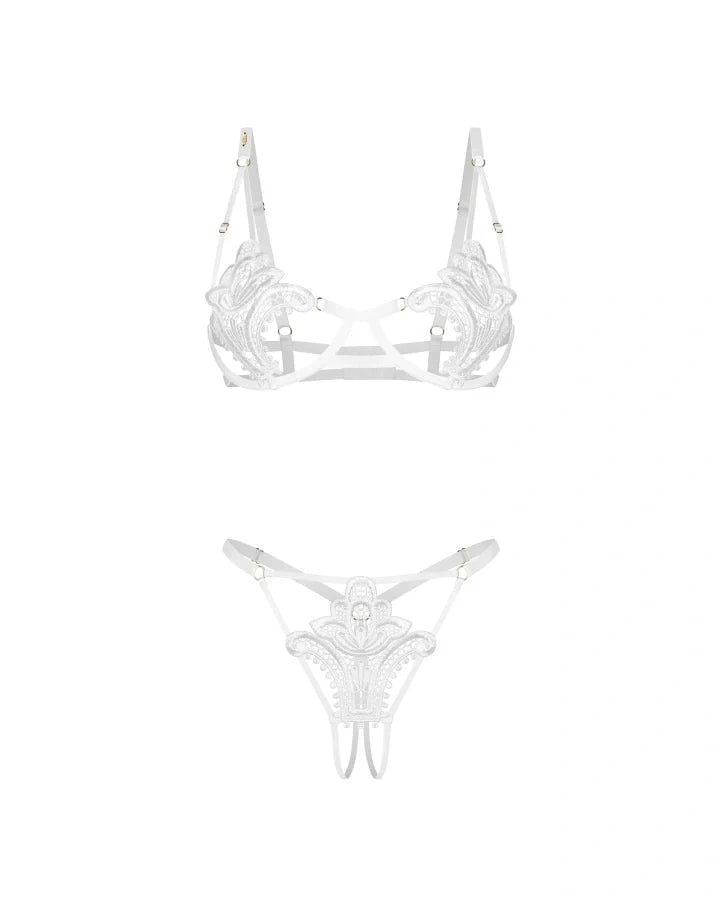 Obsessive Luise Sublim White Lace Open Cup Bra & Crotchless Thong Set-4