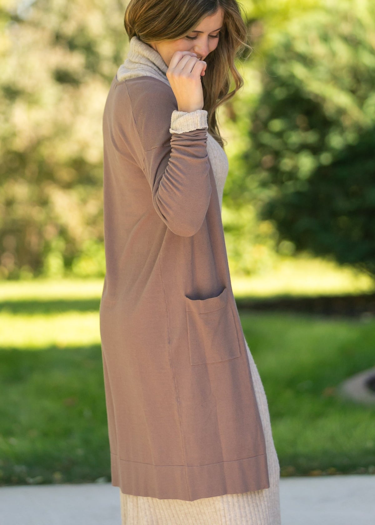 Inherit Co. Essential Toffee long soft cardigan top in a warm toffee color
