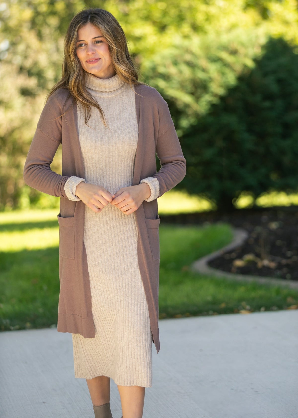 Inherit Co. Essential Toffee Long Soft Cardigan in warm toffee brown, front view