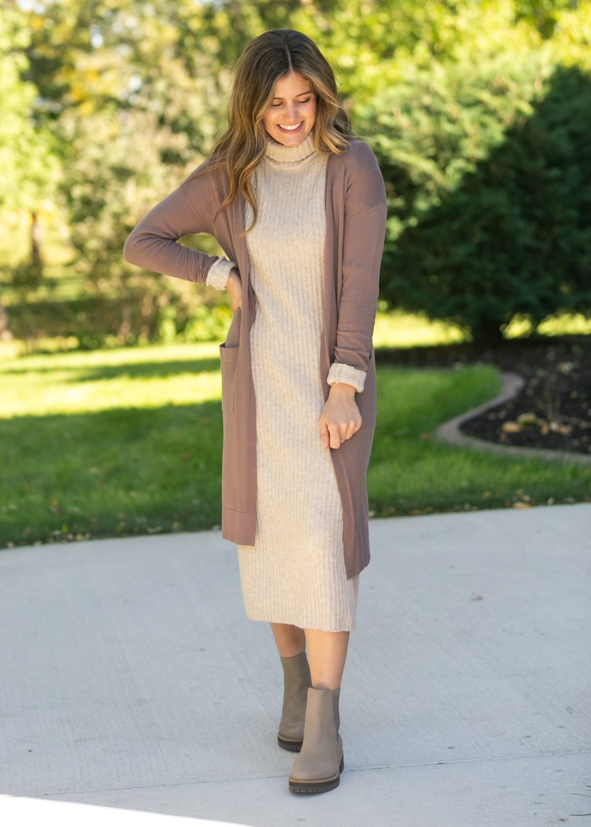 Inherit Co. Essential Toffee Long Soft Cardigan in warm toffee brown, front view
