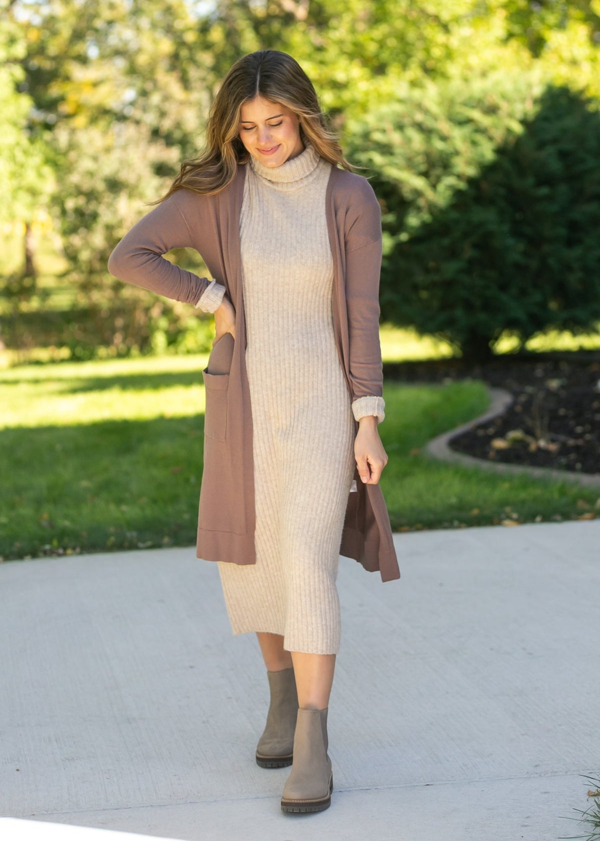 Inherit Co. Essential Toffee Long + Soft Cardigan in a warm toffee color