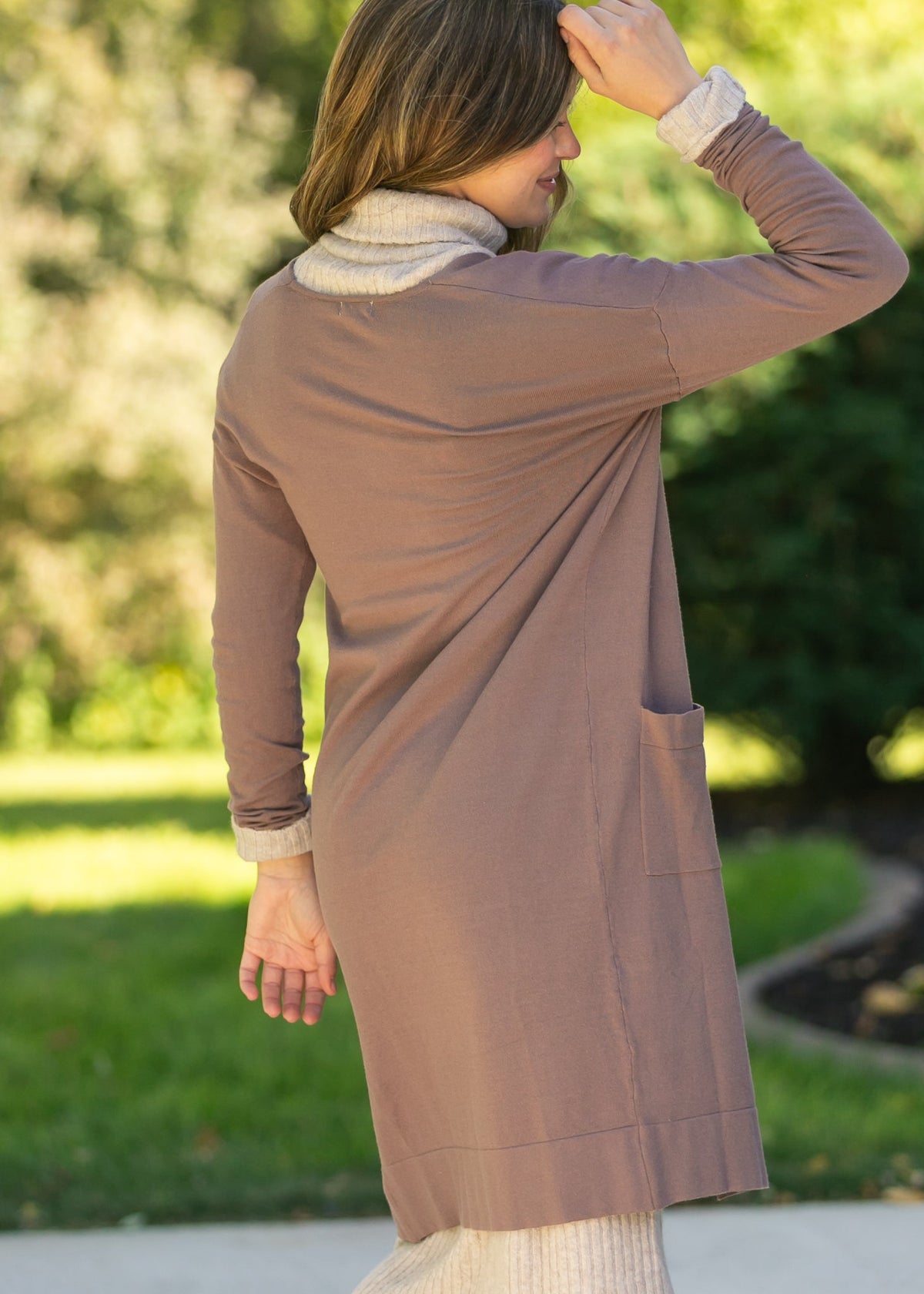 Inherit Co. Essential Toffee long soft cardigan in a relaxed, flowing style