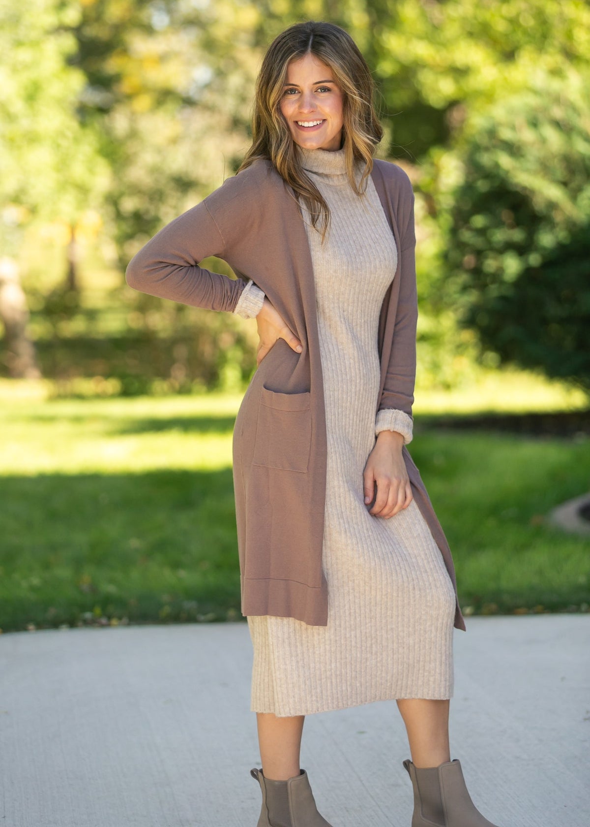 Inherit Co. toffee Essential Long + Soft Cardigan, long-sleeve open-front IC top