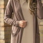 Inherit Co. Essential Toffee long soft cardigan in warm toffee brown, full-length open-front design