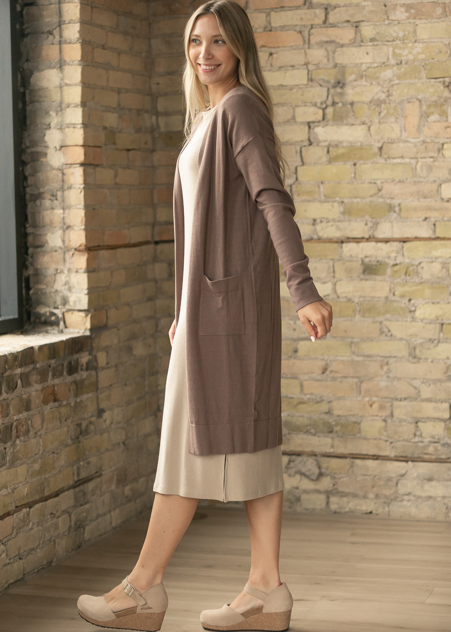Inherit Co. Essential Toffee Long + Soft Cardigan in warm toffee brown, front view