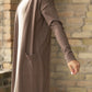 Inherit Co. Essential Toffee Long + Soft Cardigan in warm toffee brown, front view