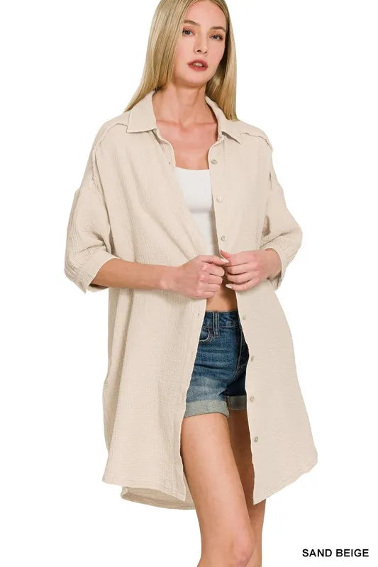 Zenana Washed Double Gauze Button Down Shirt Dress - Farnelli