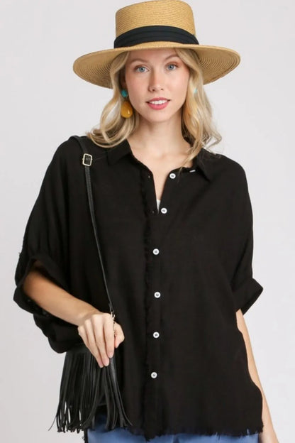 Umgee Full Size Linen Blend Button Down Shirt Plus Size - Farnelli