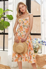 ADORA Smocked Back Floral Adjustable Strap Midi Dress - Farnelli