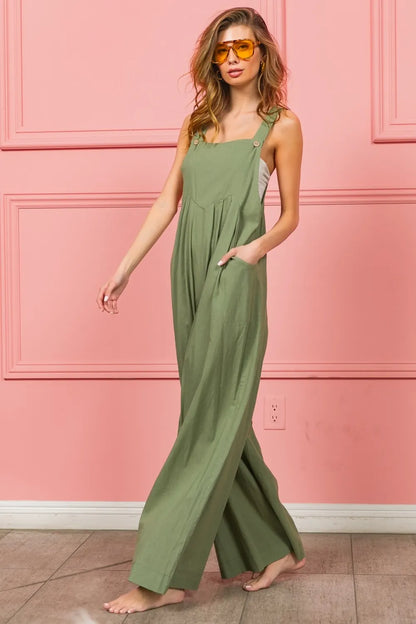 BiBi Ruched Wide Leg Overalls with Pockets - Farnelli