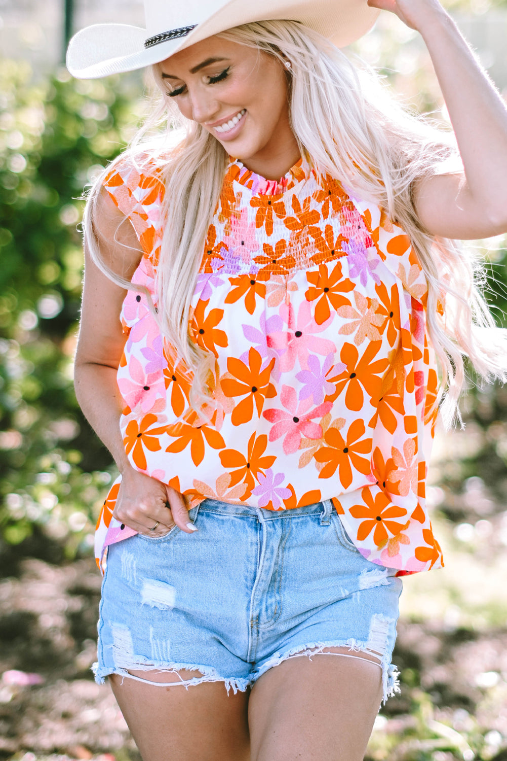 Alison Ruffled Sleeve Smocked Floral Top - Farnelli