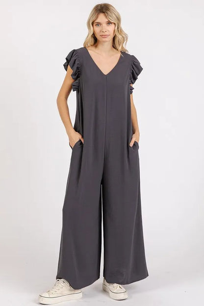 Mittoshop V-Neck Ruffled Cap Sleeve Wide Leg Jumpsuit - Farnelli