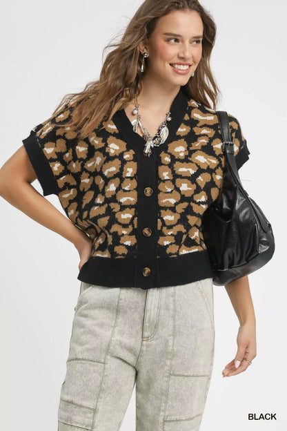 Umgee Leopard Button Down Short Sleeve Cardigan - Farnelli