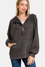 Zenana Acid Wash Fleece Kangaroo Hoodie - Farnelli