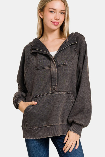 Zenana Acid Wash Fleece Kangaroo Hoodie - Farnelli