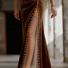 Velvet Pearl-Embellished Mesh Skirt - Dark Brown