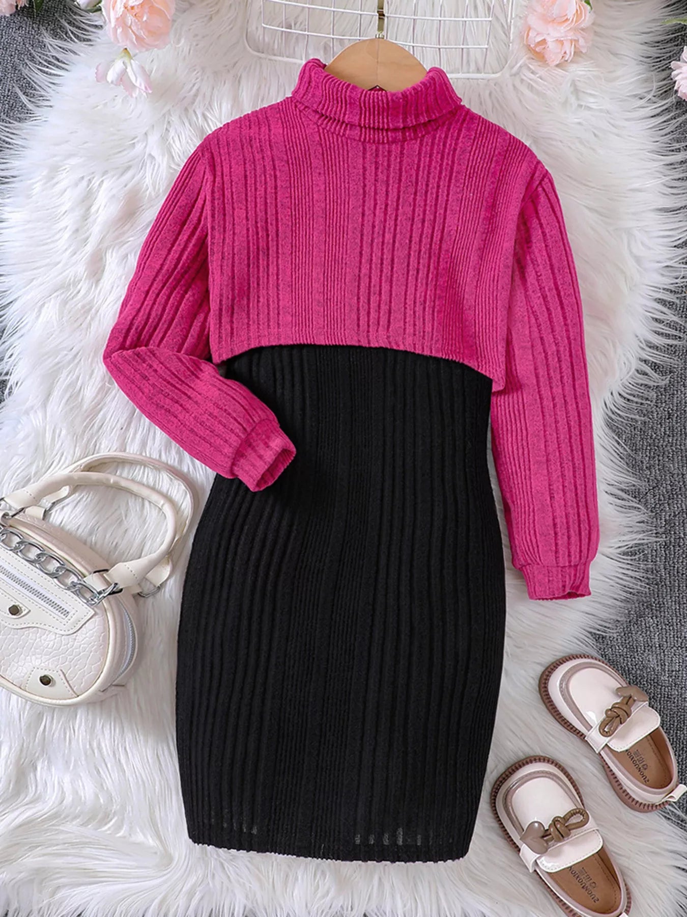 Children's Ribbed Knit Two-Tone Dress Set - Farnelli