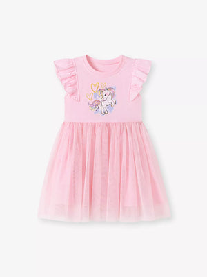 Children's Unicorn Graphic Ruffle Sleeve Tulle Dress - Farnelli