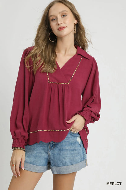 Umgee Full Size Linen Scallop Hem Blouse with Contrast Trim Plus Size - Farnelli