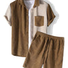Men's Full Size Contrast Shots Sleeve Shirt and Shorts Set Plus Size - Brown