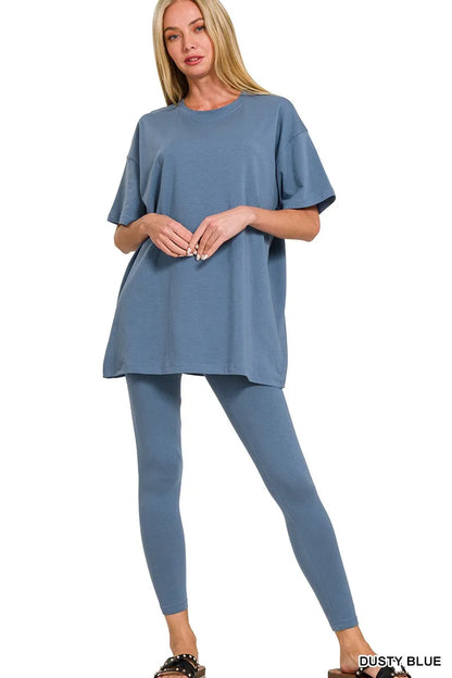 Zenana Cotton Round Neck Top & Legging Set - Farnelli