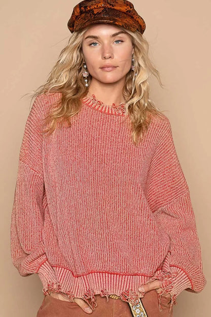 POL Distressed Washed Drop Shoulder Sweater - Farnelli